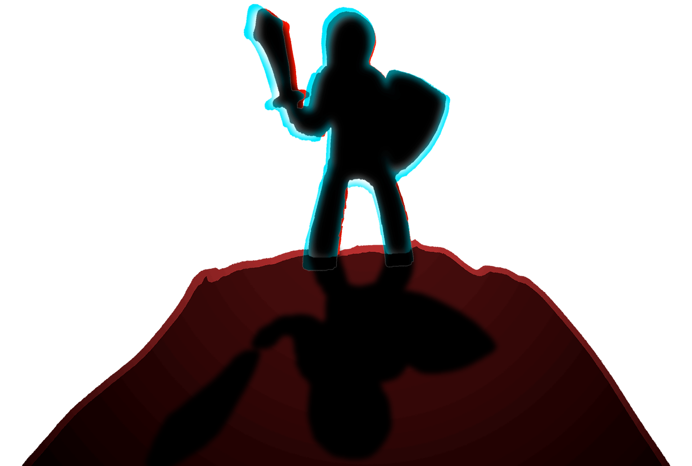 Silhouette of a hero standing on a cliff looking out towards a huge monster on the horizon