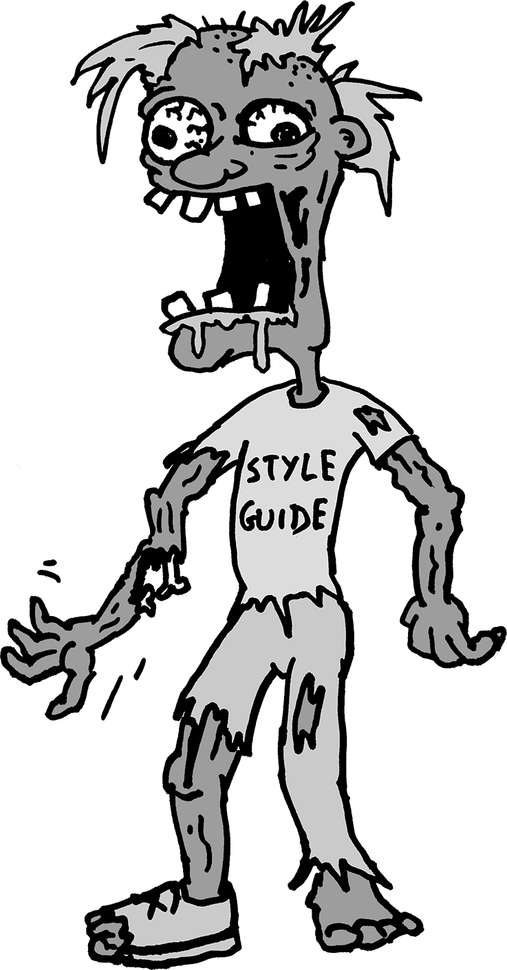 Zombie wearing a T-shirt labelled 'Style guide'